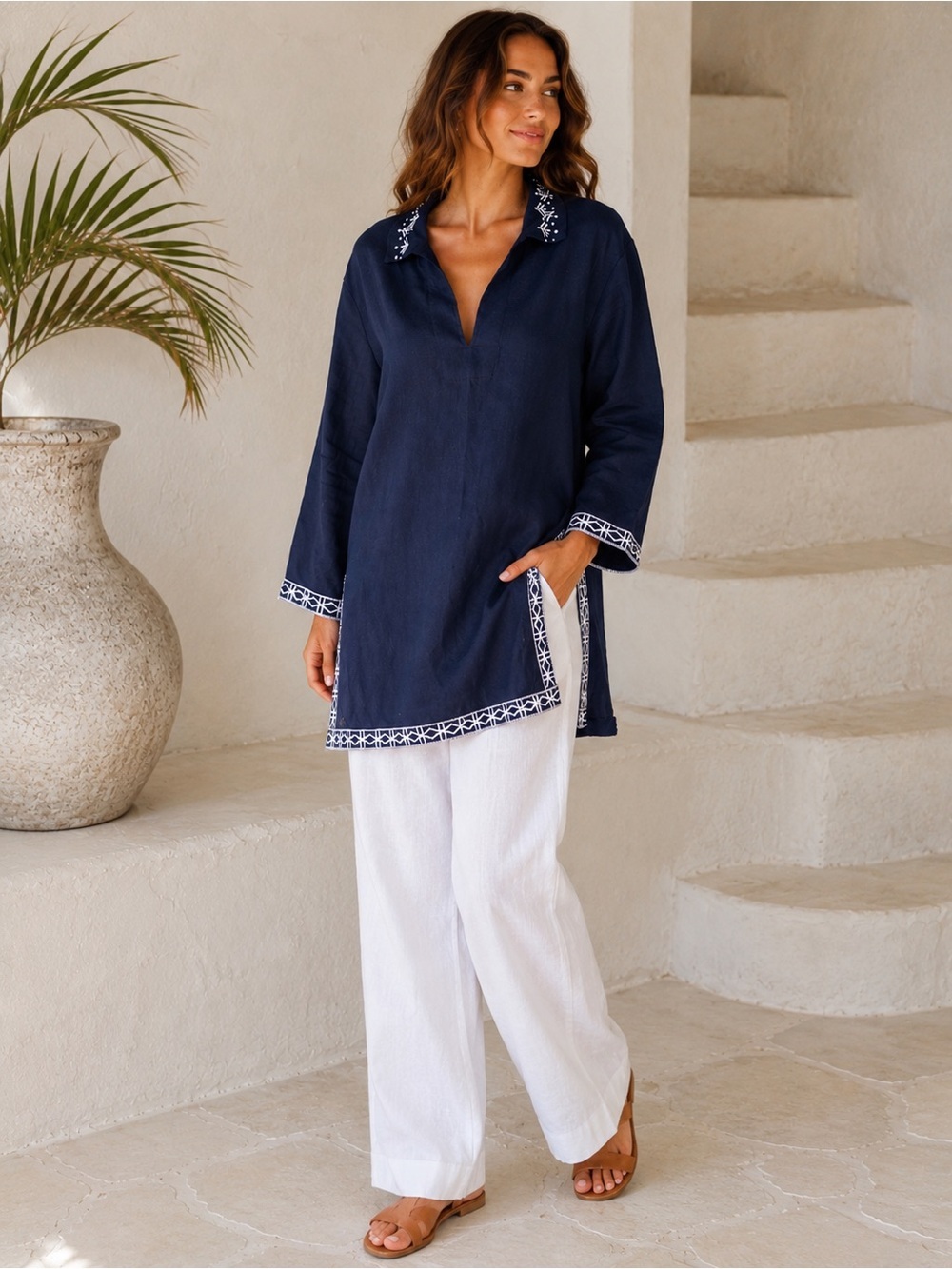 NM Neiman Marcus 100% Linen Navy Embroidered Tunic Dress XL Boho Coastal